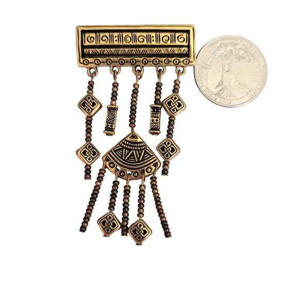 Gold Tone Long Dangle Charm Tribal Bar Brooch Pin, M551 - Picture 4 of 6